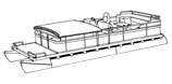 Pontoon with fold-down type hard top and rails that partially enclose deck leaving 1'-3' of open deck foward of front gate