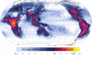 map of the world showing average lightning strikes per kilometer per year