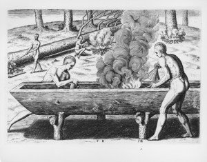 painting of ancient people making a dugout canoe