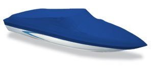 great fitting blue boat cover on a blue and white boat