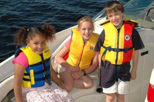 Kids with life jackets on boat