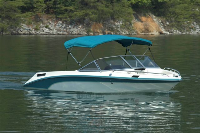 Aquamarine Sunbrella Bimini Top on Runabout Boat on Water